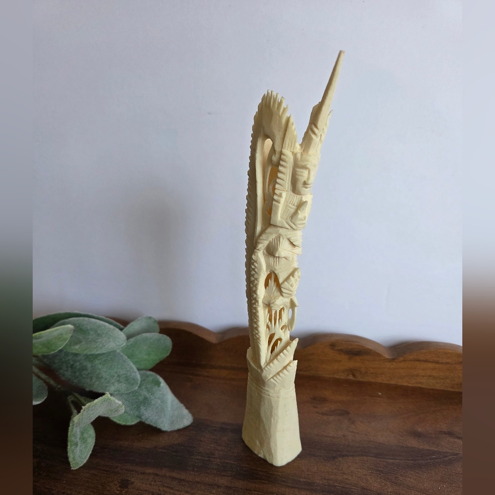 Vintage Indonesian Intricate Hand Carved Goddess Bovine Bone Statue Totem - 8"